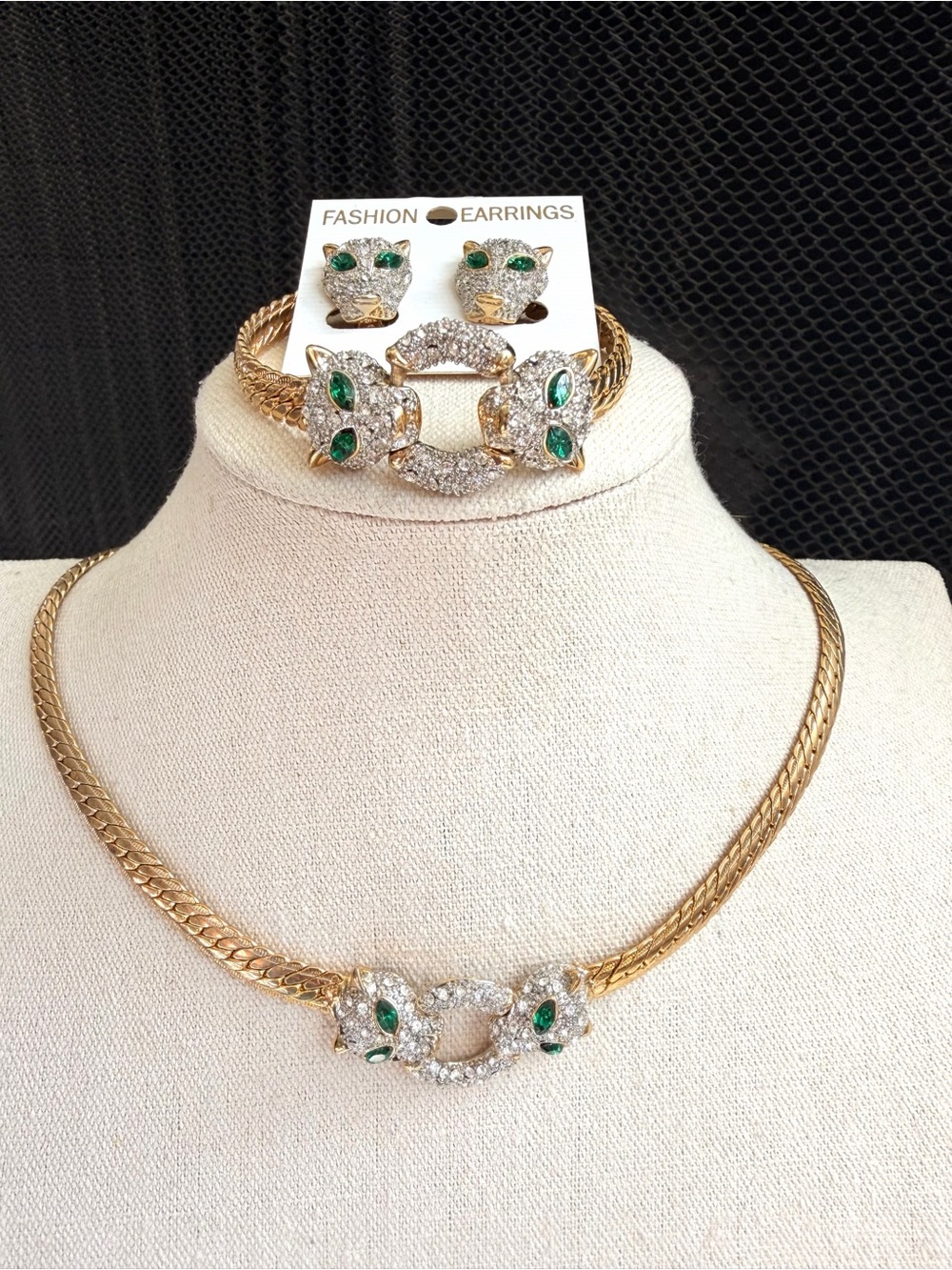 Vintage 1980s Leopard Jewelry Set Necklace Bracelet Clip Earrings Rhinestone